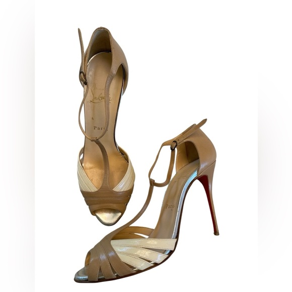 Christian Louboutin Tan and Cream Strappy Heels - Picture 1 of 11
